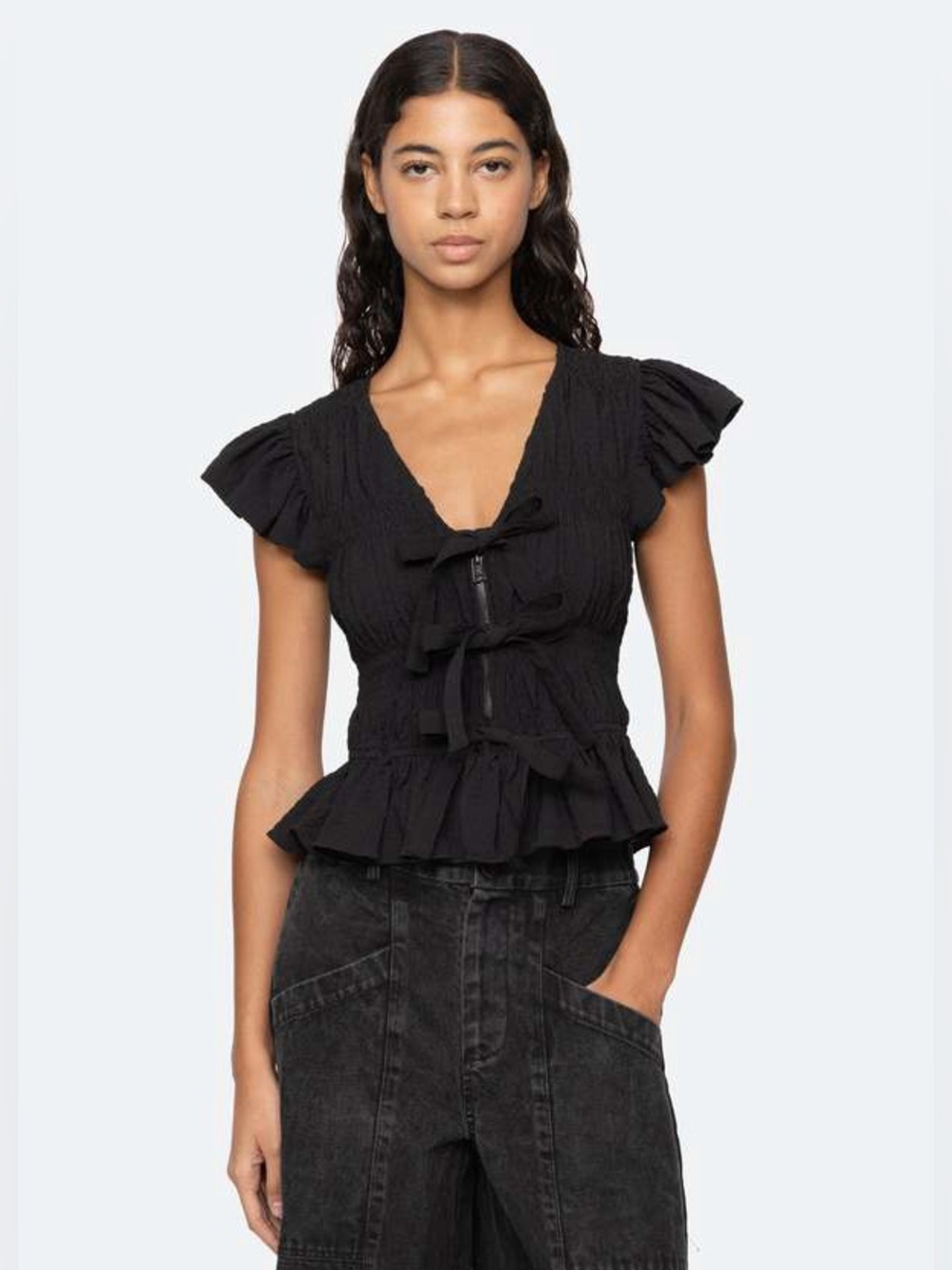 Sea New York Regina Top Black XXS NWOT Ruffle Sleeve Tie Front Peplum Blouse